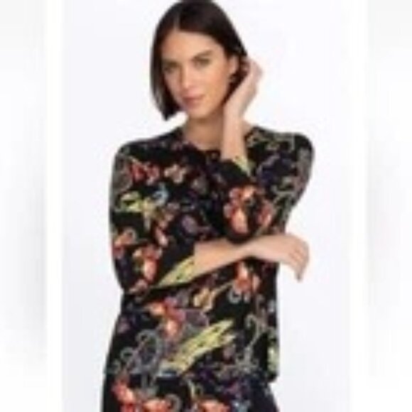 Johnny Was Tops - Womens Johnny Was Pottery Henley Tee Black Stretchy Knit Retail $145 3/4 Sleeves